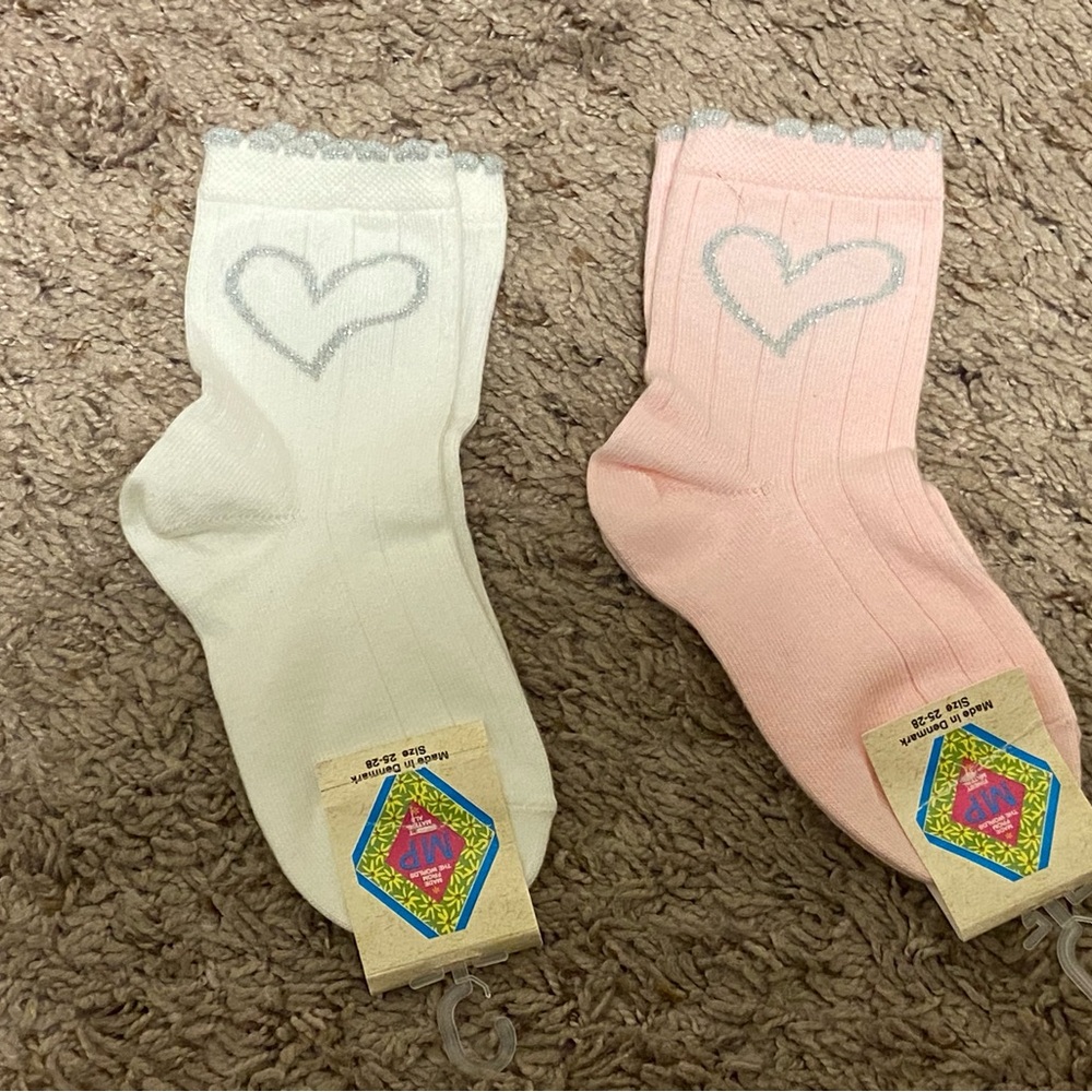 2 Pairs Lot MP Tights- Charming Heart Kids Socks - White and Pink sz‎ 2-5 Shoe